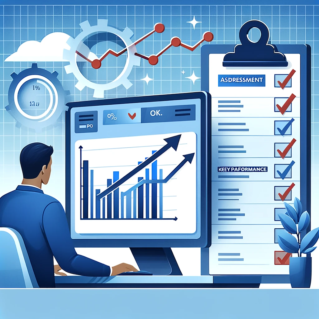 DALL·E 2024-02-14 21.12.07 - Illustration of a person looking at a computer screen, which displays various graphs and charts illustrating performance metrics with a clear upward t